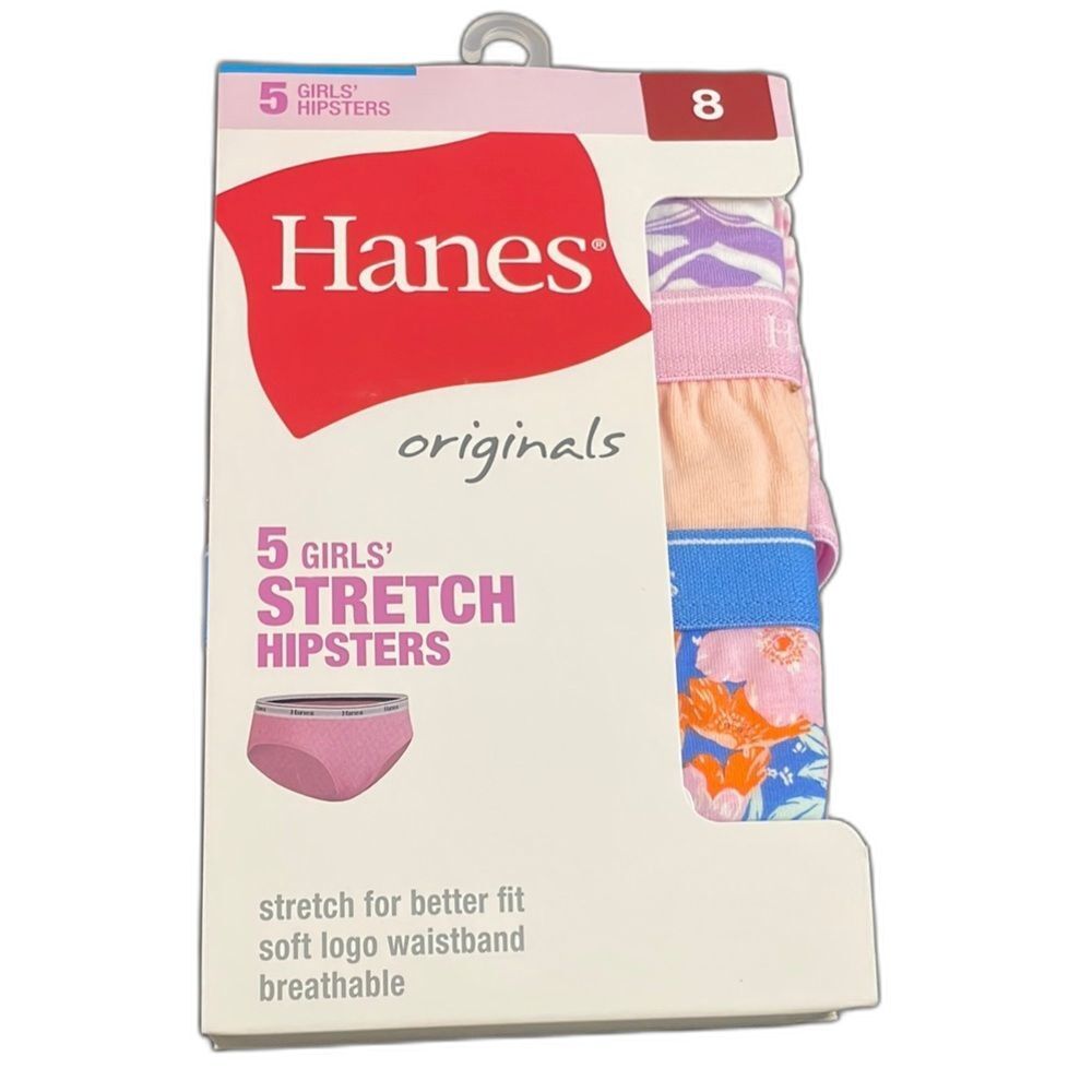 Hanes size 8 Girls Boyshorts & Hipsters, Cotton Stretch Underwear, 5 pk